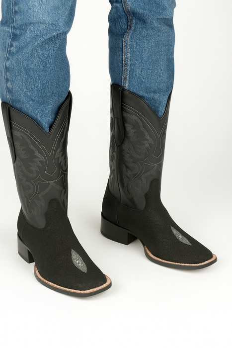 Mens King Exotic Boots Square Toe Stingray Single Stone Black (48221205-)