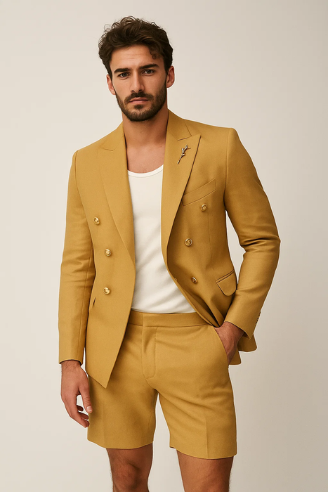 Mens Suits With Shorts - Double breasted Style Champagne With Gold Buttons
