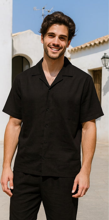 Mens Walking Suits Casual Two Piece Sets Summer Short Sleeve Shirt & Pants Casual Two Piece Mens Walking Outfit For Sale Pant Sets Casual Suit Set Men'S Suit 100% Mens Linen Suit - Fabric - Black