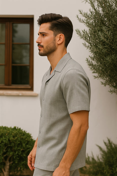 Mens Walking Suits Casual Two Piece Sets Summer Short Sleeve Shirt & Pants Casual Two Piece Mens Walking Outfit For Sale Pant Sets Casual Suit Set Men'S Suit 100% Mens Linen Suit - Fabric – Light Grey