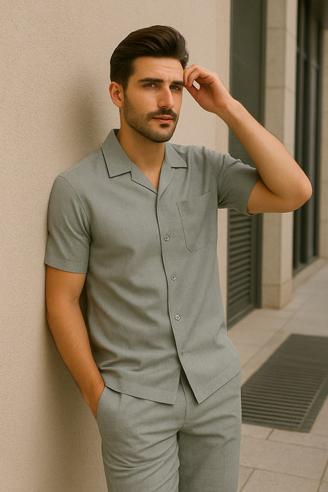 Mens Walking Suits Casual Two Piece Sets Summer Short Sleeve Shirt & Pants Casual Two Piece Mens Walking Outfit For Sale Pant Sets Casual Suit Set Men'S Suit 100% Mens Linen Suit - Fabric – Light Grey