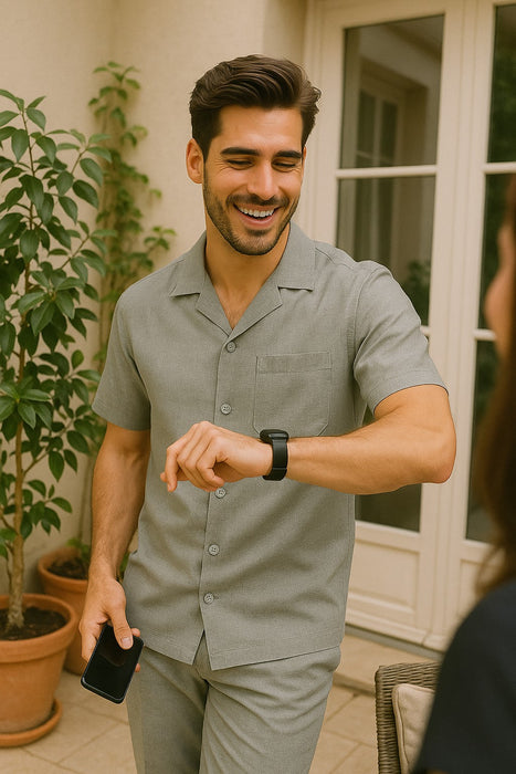 Mens Walking Suits Casual Two Piece Sets Summer Short Sleeve Shirt & Pants Casual Two Piece Mens Walking Outfit For Sale Pant Sets Casual Suit Set Men'S Suit 100% Mens Linen Suit - Fabric – Light Grey