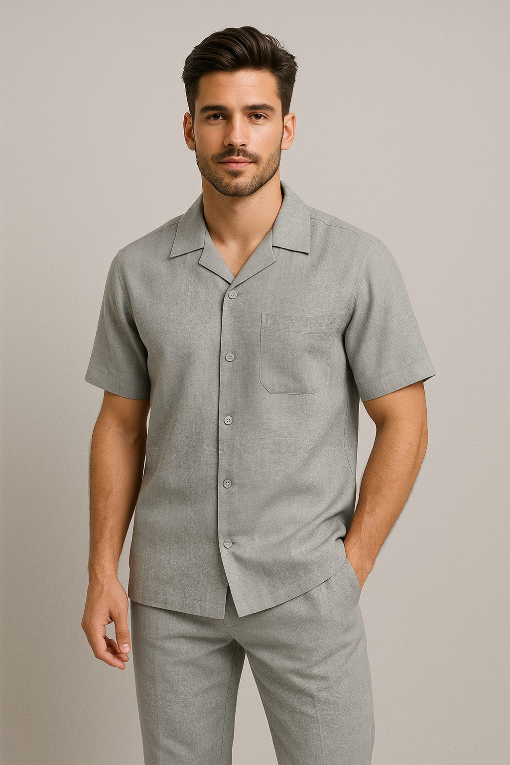 Men's Linen Suit Walking Suits Casual Two Piece Sets Summer Short Sleeve Shirt & Pants Outfit Pants Set 100% Fabric – Light Grey 34 or Extra Small