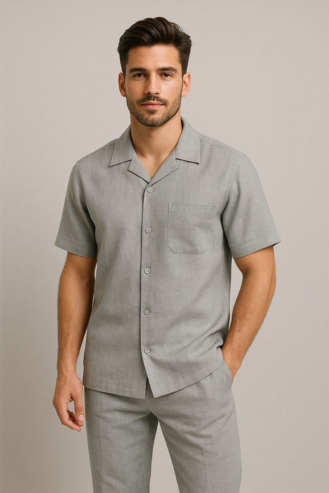 Mens Walking Suits Casual Two Piece Sets Summer Short Sleeve Shirt & Pants Casual Two Piece Mens Walking Outfit For Sale Pant Sets Casual Suit Set Men'S Suit 100% Mens Linen Suit - Fabric – Light Grey