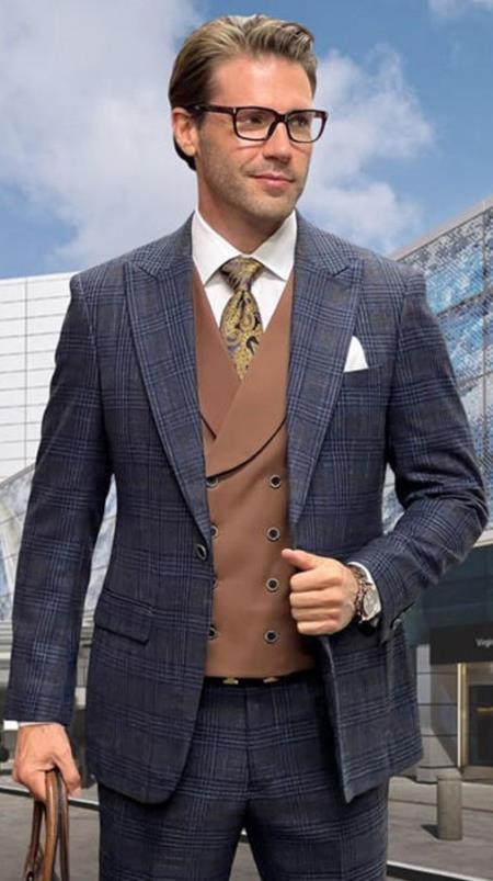 Midnight Plaid - Vested Suits - Statement Brand - Vested Suits Wool Suits - Suits With Double Breasted Vest - Windowpane Pattern - 100% Percent Wool Fabric Suit - Worsted Wool Business Suit