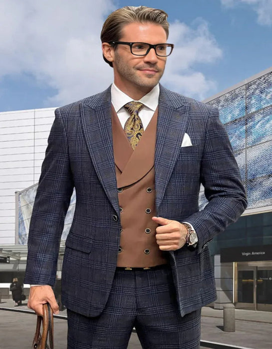 Mens Italian Wool Suit Color Blue - Men's Designer Wool Vested Midnight Blue Glenplaid Suit