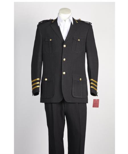 Men's diamond nail heads Safari Military Style 2 Button Suit Black