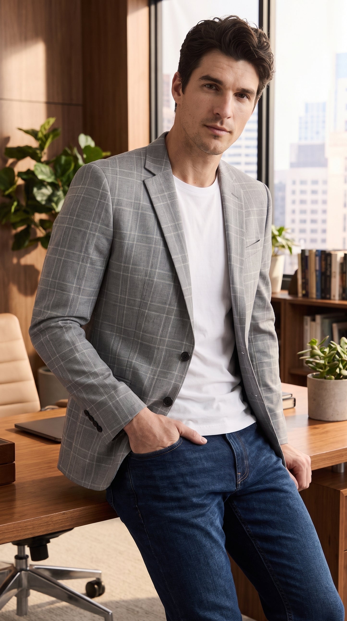 Men’s Light Grey Double Windowpane Plaid Western Blazer, Two Button Regular Fit Saco Vaquero Sport Coat