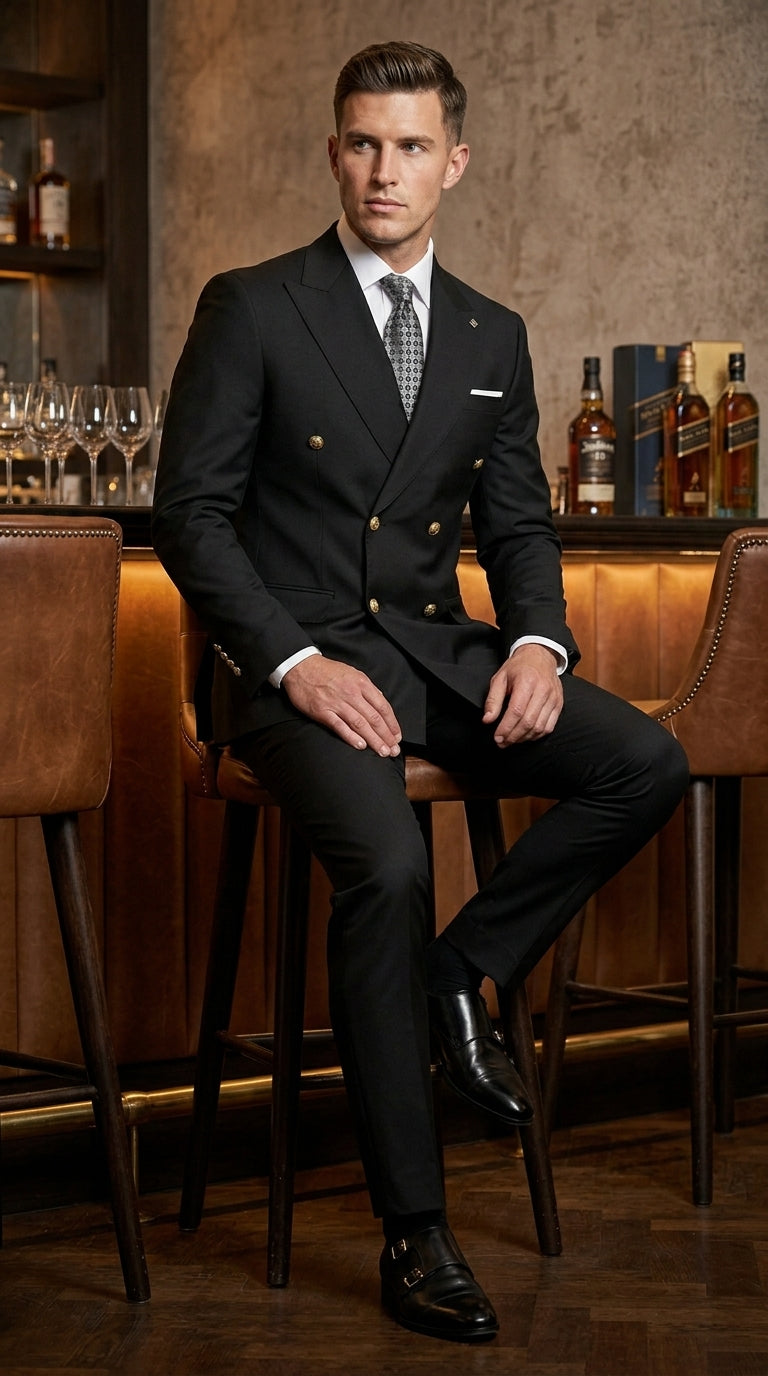 Men’s Black Double Breasted Wool Suit with Gold Buttons, Designer Formal Wedding Business Suit Set Modern Fit
