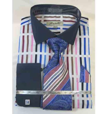 Stripe Multi Pattern 100% Cotton French Cuff Blue Multi Men's Dress Shirt