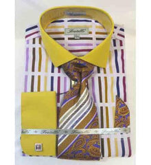Stripe Multi Pattern Cotton French Cuff Mustard Multi Men's Dress Shirt