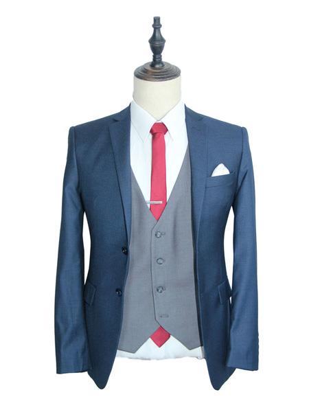 Navy Blue Suit For Men With Grey Vest Vested 3 Piece Wool suit