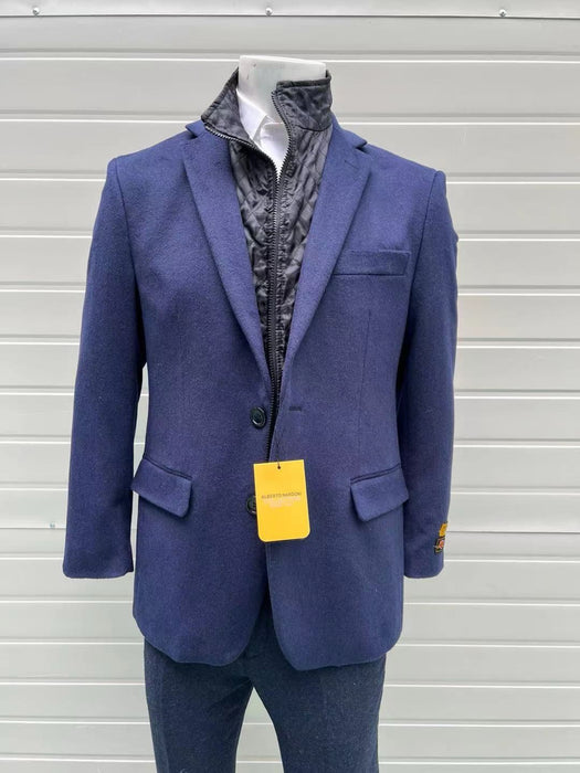 Mens Navy Cashmere and Wool Blazer with Quilted Zip-Up Inner Layer - Two Button Style Notch Lapel