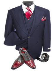 Navy Full Cut / Wide Leg Double Breasted 100% Percent Fabric Slanted Vest - 100% Percent Wool Fabric Suit - Worsted Wool Business Suit