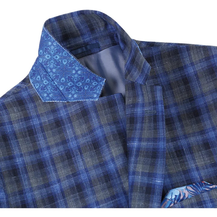 Saco vaquero - Western Sport Coat - Western Blazer- Mens Slim Fit Two Button Wool Sport Coat Blazer In Navy Blue & Grey Windowpane Plaid