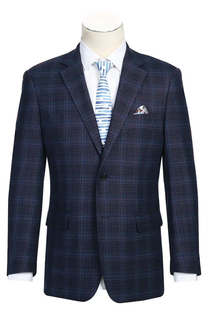 Saco vaquero - Western Sport Coat - Western Blazer- Mens Two Button Classic Wool Stretch Sport Coat Blazer In Dark Navy Blue Windowpane Plaid