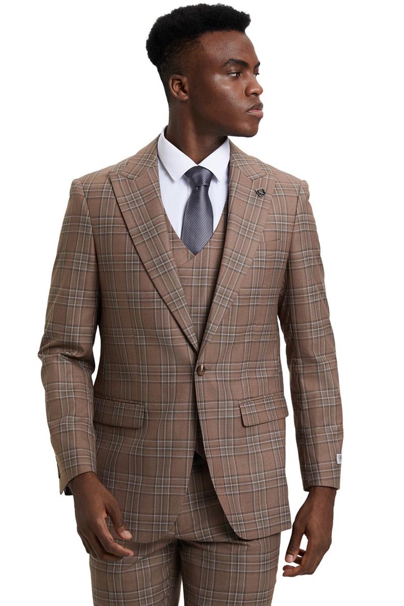 Men's Stacy Adams One Button Peak Lapel Double Breasted Vest Suit in Light Brown Plaid - Image 5