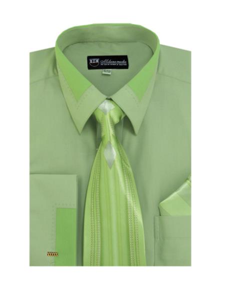 Olive Spread Collar French Cuff + Tie + Handkerchief Set Men's Dress Shirt