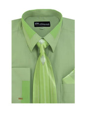 Olive Spread Collar French Cuff + Tie + Handkerchief Set Men's Dress Shirt