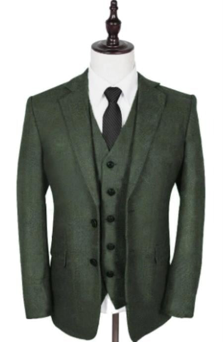 Olive Peaky Green 3 Piece Tweed Men'S Suits