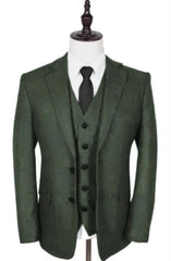 Olive Peaky Green 3 Piece Tweed Men'S Suits