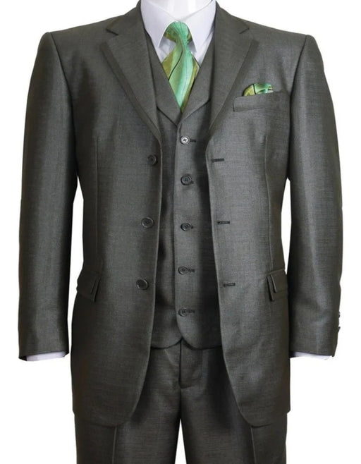 Three Button Suit - Classic Fit Pleated Pants - Mens 3 Button Vested Textured Shiny Sharkskin Olive Green Church Suit