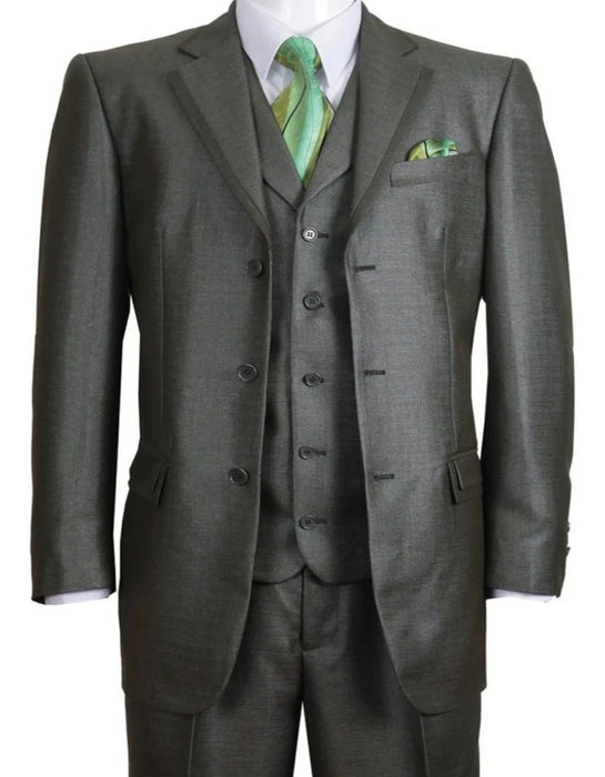 Three Button Suit - Classic Fit Pleated Pants - Mens 3 Button Vested Textured Shiny Sharkskin Olive Green Church Suit
