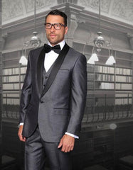 Men's One Button Classic Three Piece Sharkskin Suit With Solid Black Satin Shawl Collar Blue
