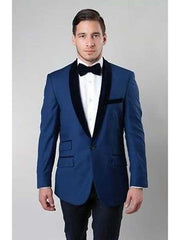 Men'S Deep Blue 1 Button Satin Shawl Collar Two Tone Velvet Slim Fit Blazer