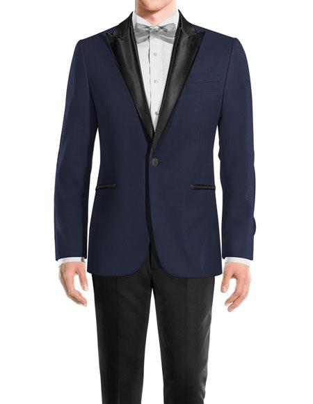 Men's One Button Peak Black Lapel Wool Navy tuxedo