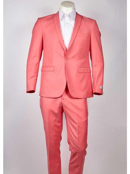 Men's One Button Slim Fit Salmon ~ Melon ~ Peachish Pinkish ~ Coral color Peak Lapel Suit - Slim Fit Cut