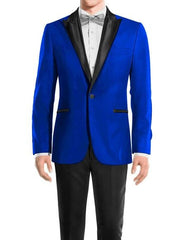 Men's Royal Blue One Button Peak Black Lapel Wool tuxedo