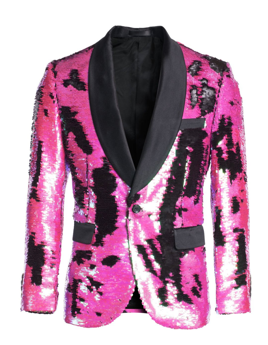 1 Button Reversible Sequin Blazers In Fuchsia and Black Cheap Prom Tuxedos