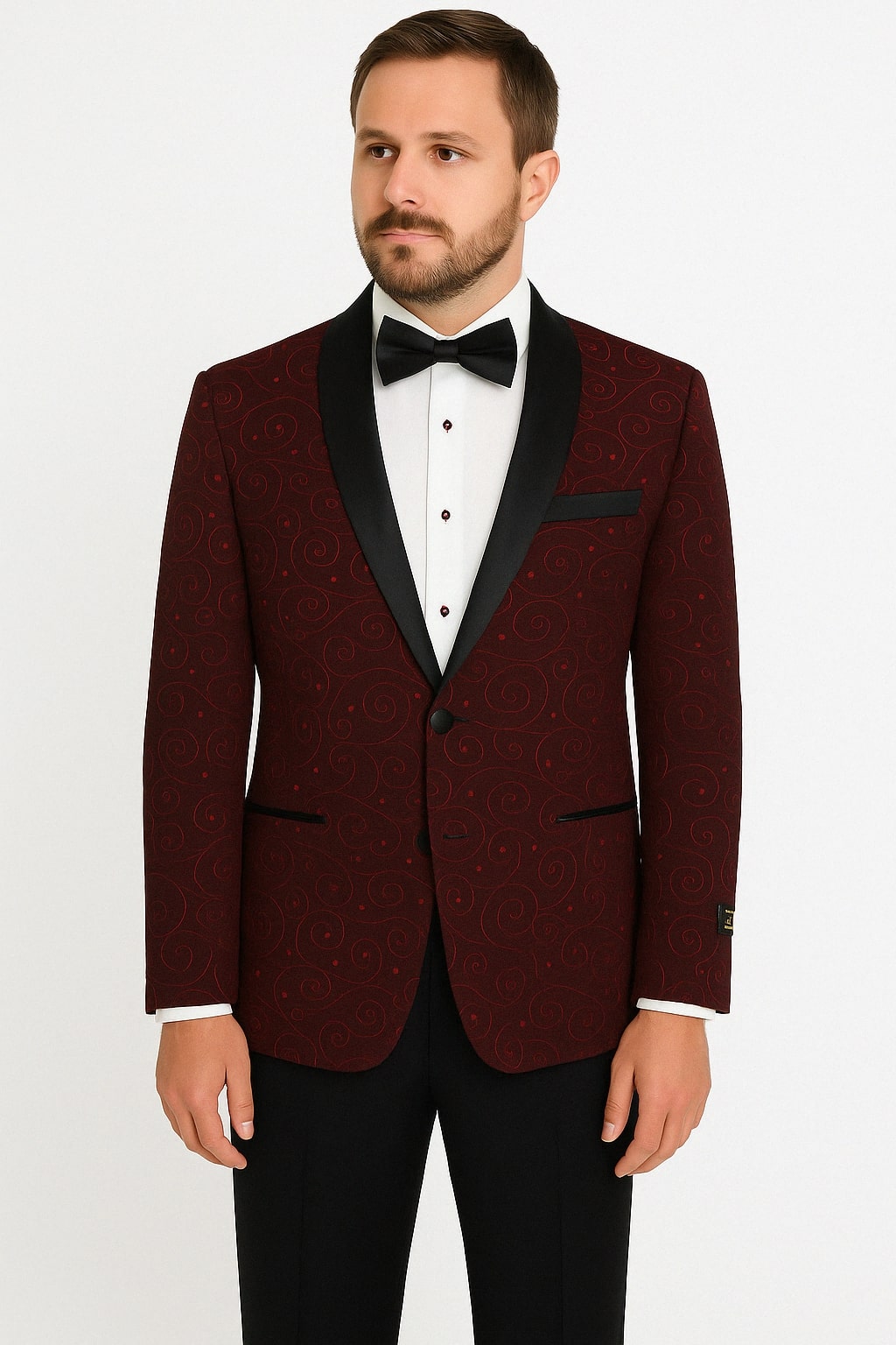 black dress shirt with burgundy bow tie 36 Paisley-300 and Tuxedo Blazer Groom suit