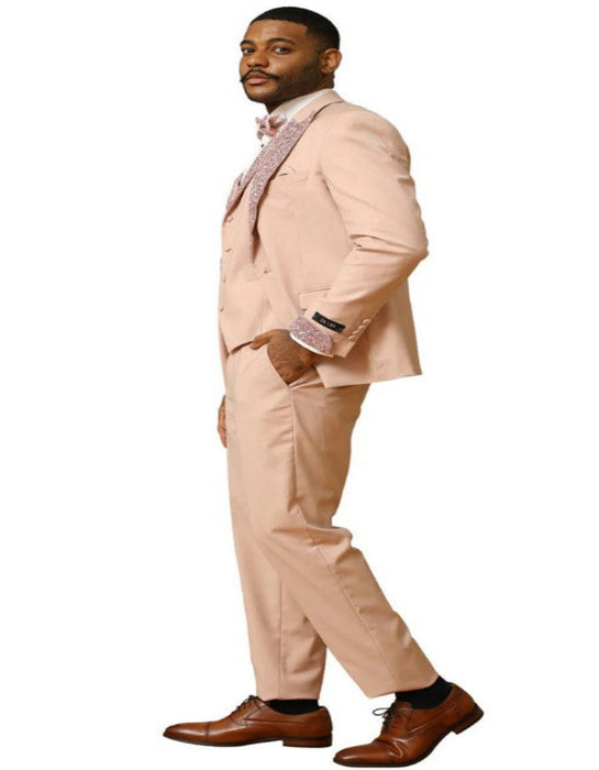 Peach Coral Salmon Prom Tuxedo - Perfect Wedding Suit Vested rhinestone Lapelled