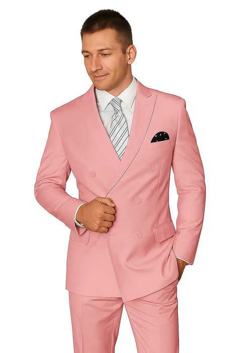 Elegant Men’s Double-Breasted Wool Suit in Soft Blush Pink