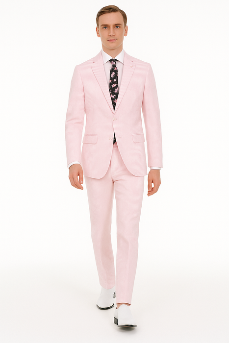 Mens Modern Slim Pink Seersucker Suit