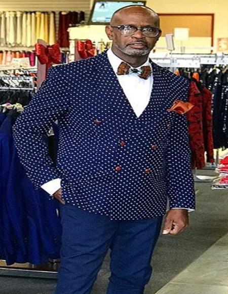 Polka dot pattern! Slim Fit Double Breasted Blazer ~ Sport Coat Navy