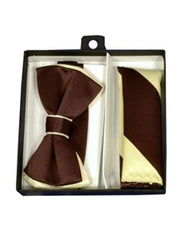 Men's Ivory / Brown Polyester Satin dual colors classic Bowtie with hankie - Men's Neck Ties - Mens Dress Tie - Trendy Mens Ties
