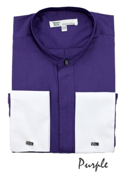 Fashion Hidden Buttons French Cuff Mandarin Collarless Preacher Round Style Purple Men's Dress Shirt