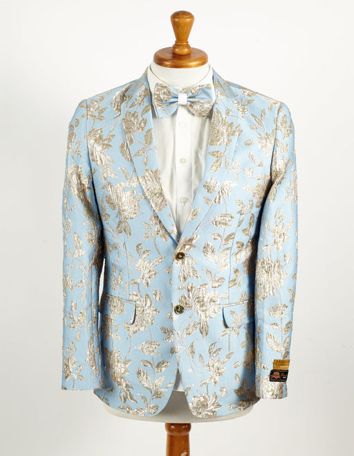 Mens 2 Button Sky Blue & Silver Foil Paisley Prom & Wedding Blazer