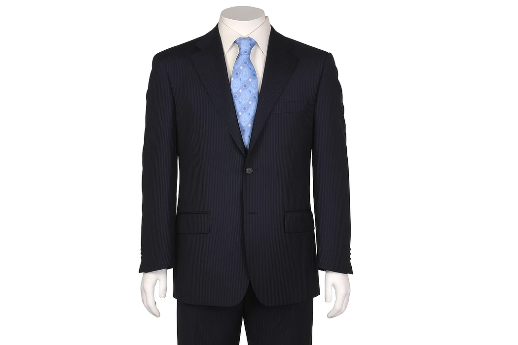 Men'S Flat Front Super 150'S Poly~Rayon Dark Navy Stripe Modern Fit 2 Button Without Pleat Cheap Priced Disc