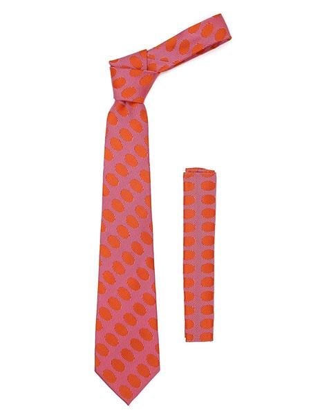 Men's Geometric Red Orange Polkadot Stripe Fashionable Necktie With Hanky Set - Men's Neck Ties - Mens Dress Tie - Trendy Mens Ties