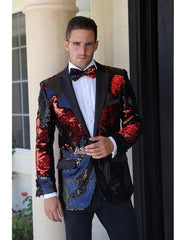 Men'S Fashion Paisley Print Tuxedo Sequin ~ Shiny ~ Flashy ~ Shark Skin Red Cheap Priced Blazer Jacket For M