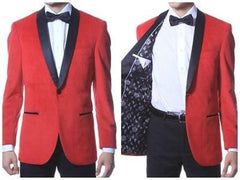 Black Trim shawl collar Red Velvet ~ One Button Sport Coat Men's Dinner Jacket - Red Tuxedo