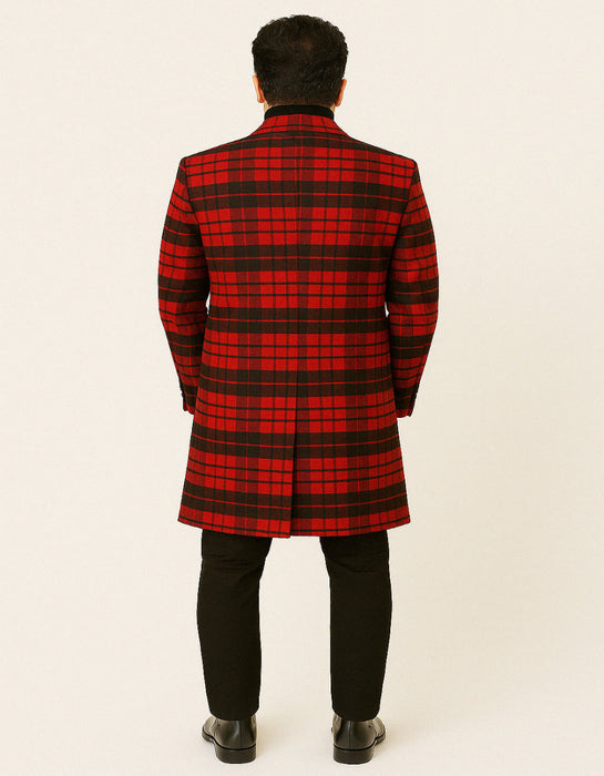 Mens Red and Black Plaid Wool Overcoat – Three Quarter Carcoat - Christmas Coat - Red Peacoat