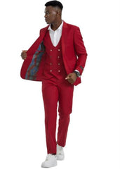 Red and Gold Button Suit With Vest With Double Breasted Vest