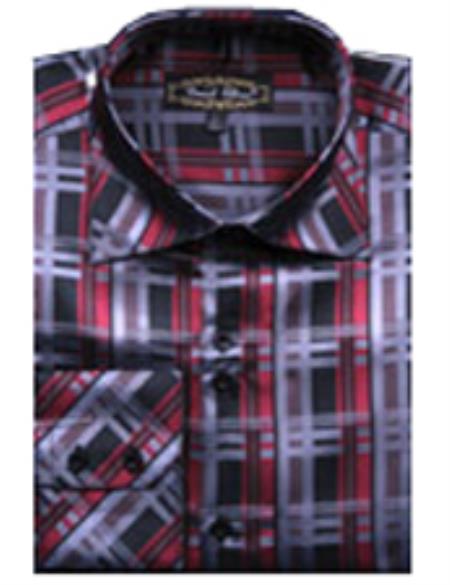 Men'S Fancy Shirts Red/Black(100% Polyester) Flashy Shiny Satin Silky Touch