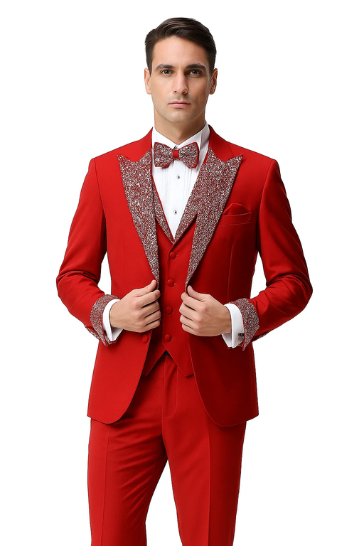 Red Prom Tuxedo - Perfect Wedding Suit Vested Rhinestone Lapelled