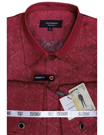 Mens Paisley Shirts - Club Fashion Dress Shirt Spread Collar in Color Red